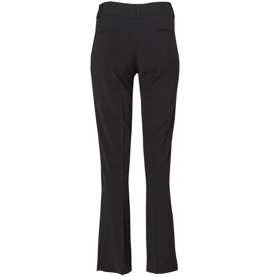Black ladies permanent press pants with flared leg and flat front panel design