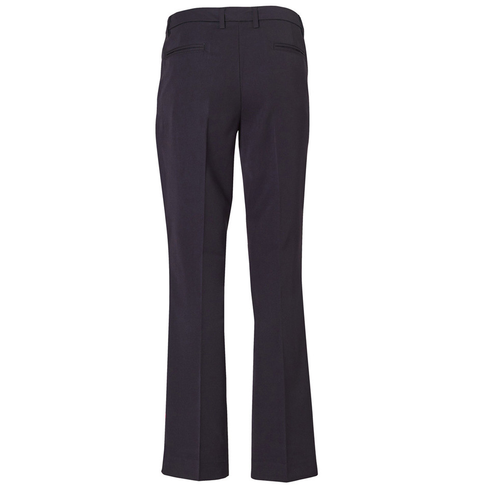 Rear view of navy ladies tailored pants with back welt pockets, belt loops, and pressed centre crease