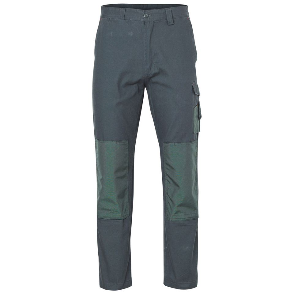 Charcoal grey work pants with bottle green knee panels and cargo pocket featuring reinforced cordura construction