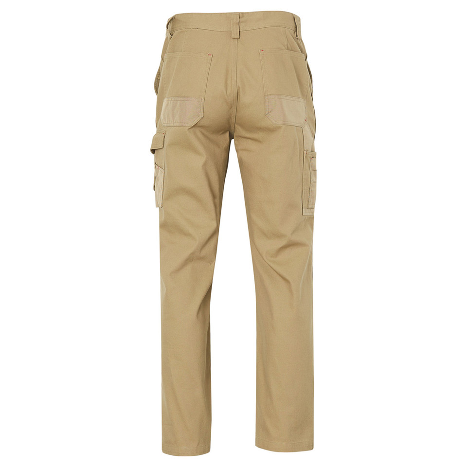 Khaki work pants with multiple cargo pockets and reinforced knee patches, rear view