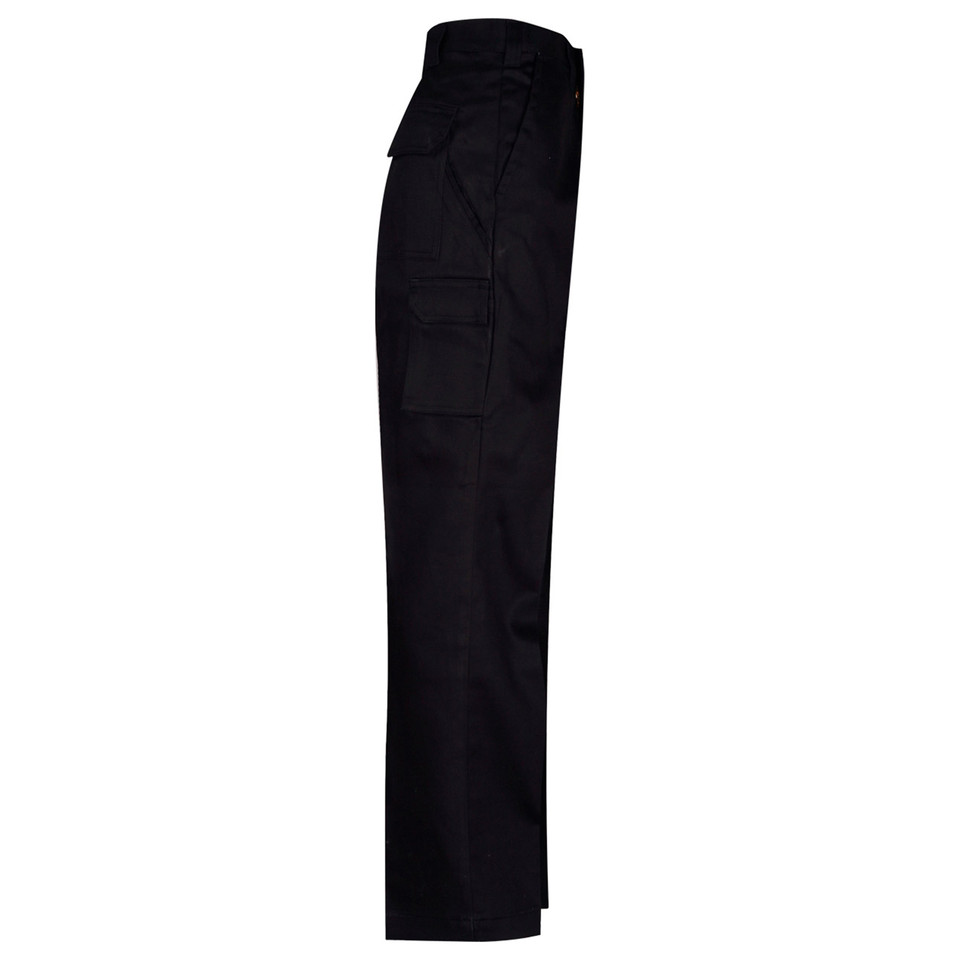 Black drill work pants with cargo pocket on leg, side view showing long fit construction