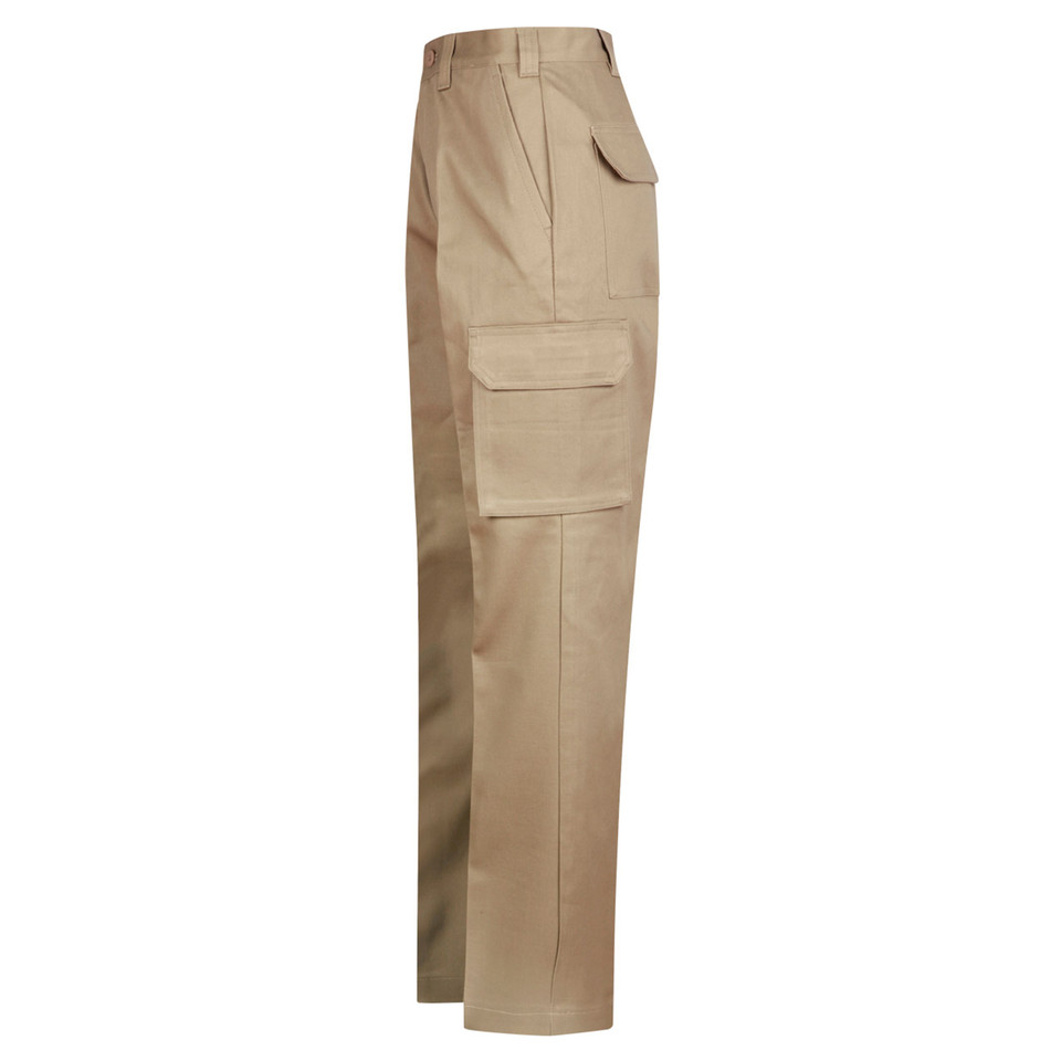 Khaki cargo pants with multiple pockets including large flap-closure side pocket and straight leg fit