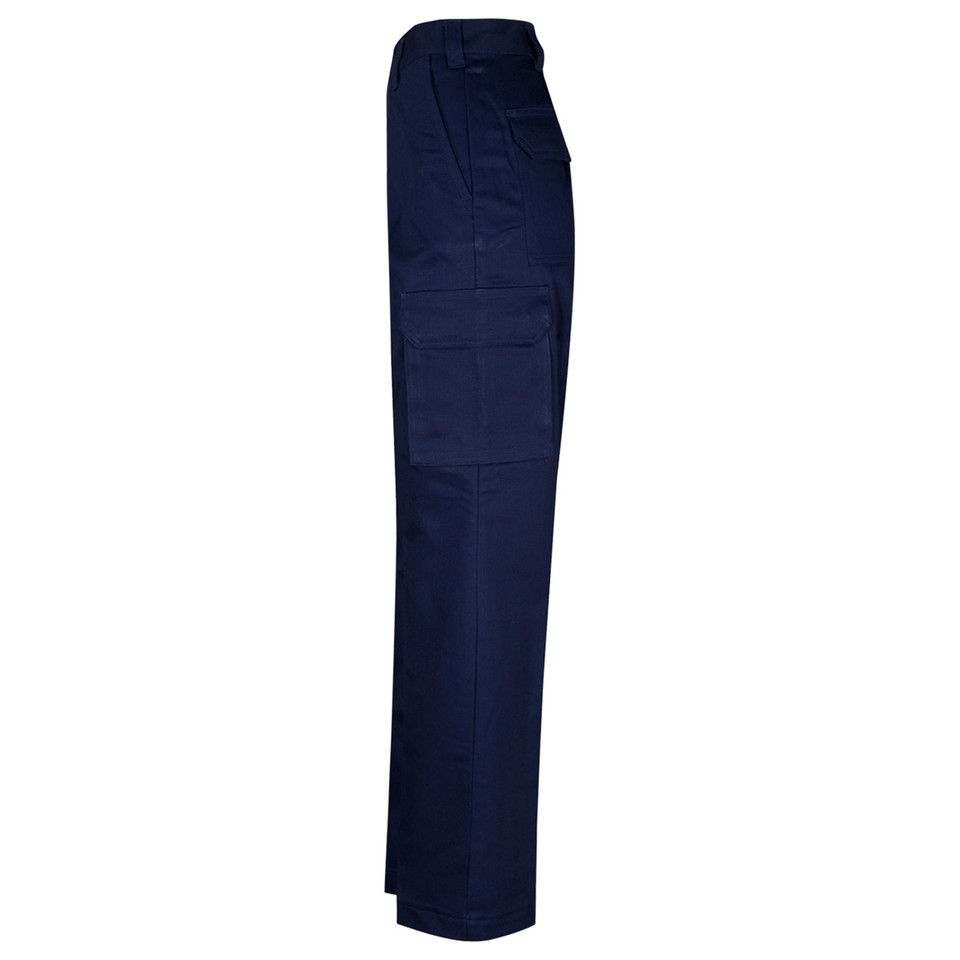 Navy cargo pants with side patch pockets and elastic waistband shown in side profile view