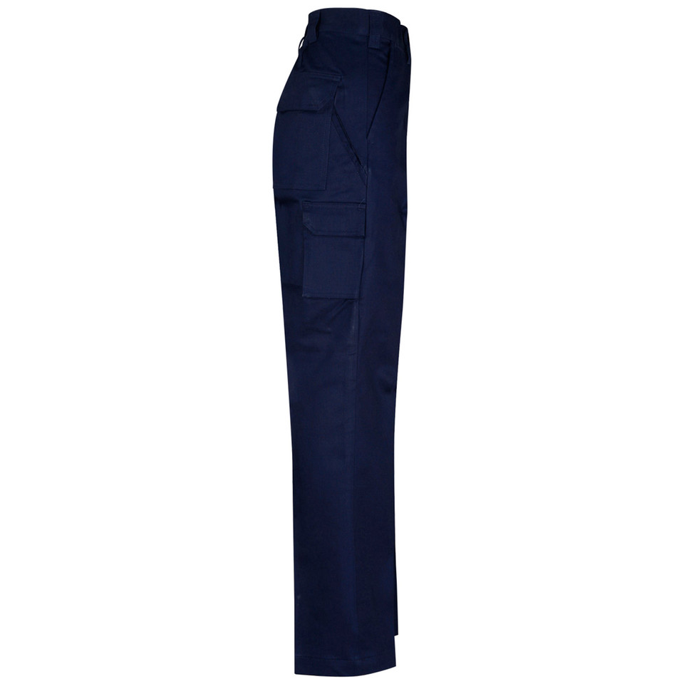 Navy blue drill work pants with cargo pockets and belt loops shown in side profile