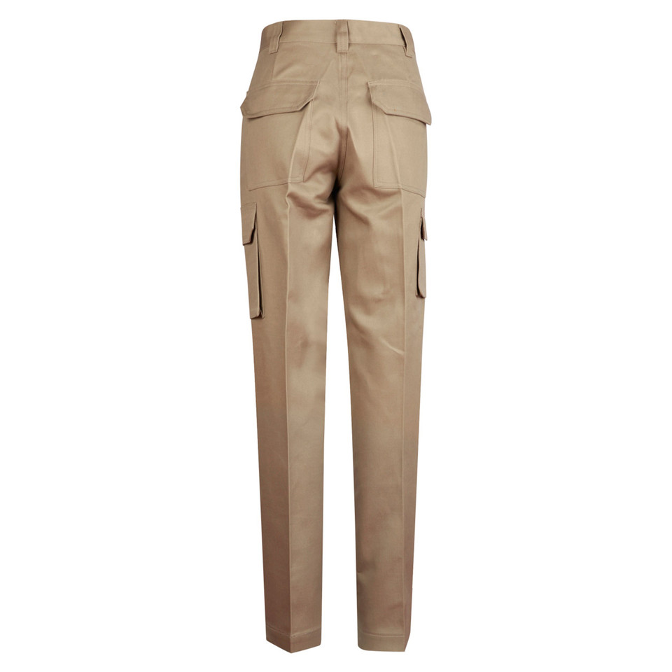 Khaki drill cargo pants with multiple pockets and reinforced stitching, rear view showing utility pocket placement