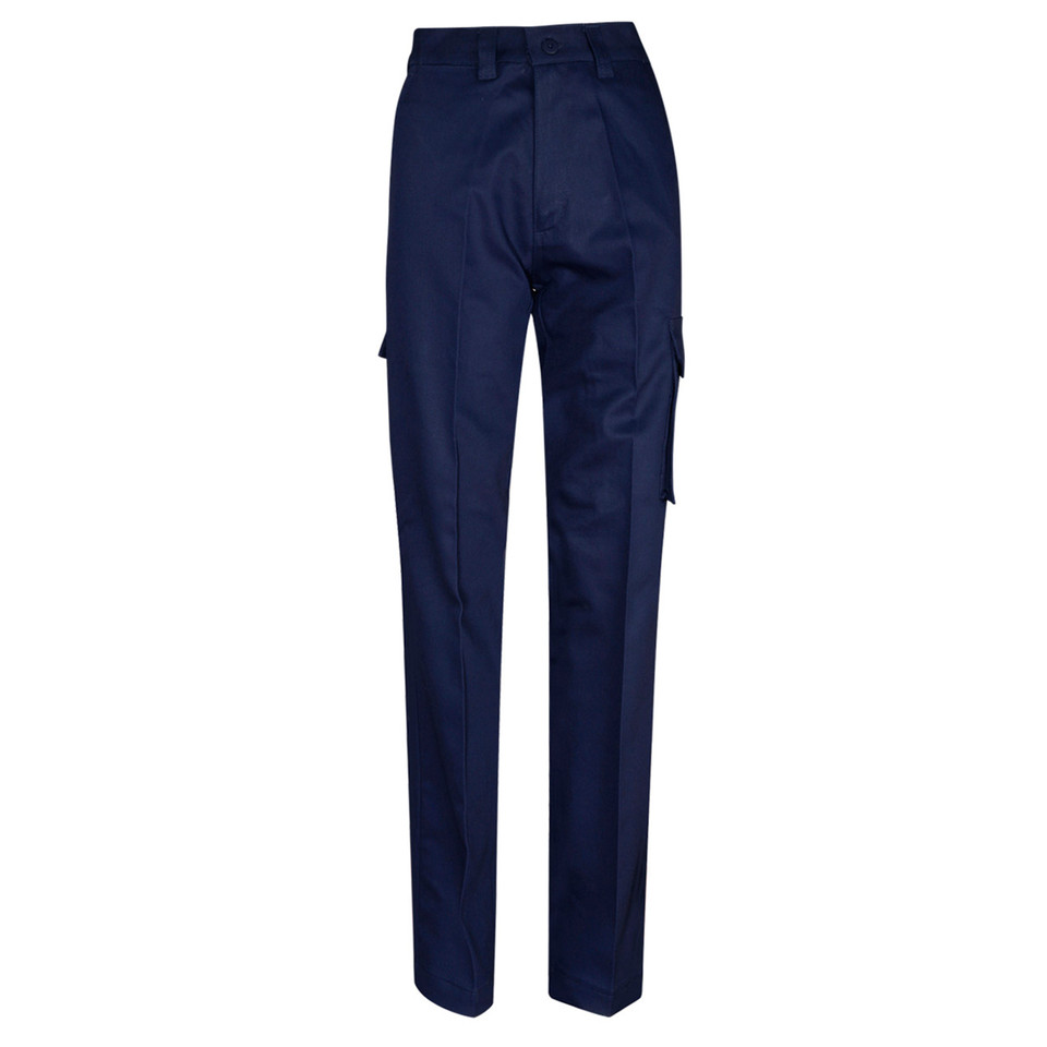 Navy blue drill work pants with cargo pockets on both legs and front crease