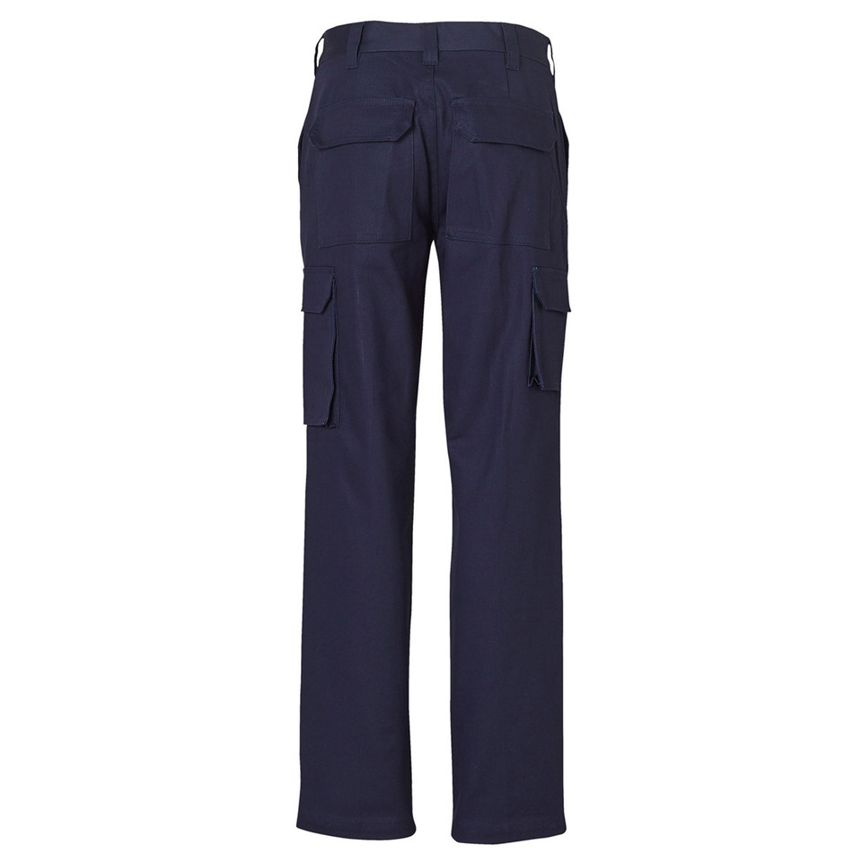 Navy blue ladies heavy cotton drill cargo pants, rear view showing twin flap back pockets and large side cargo pockets