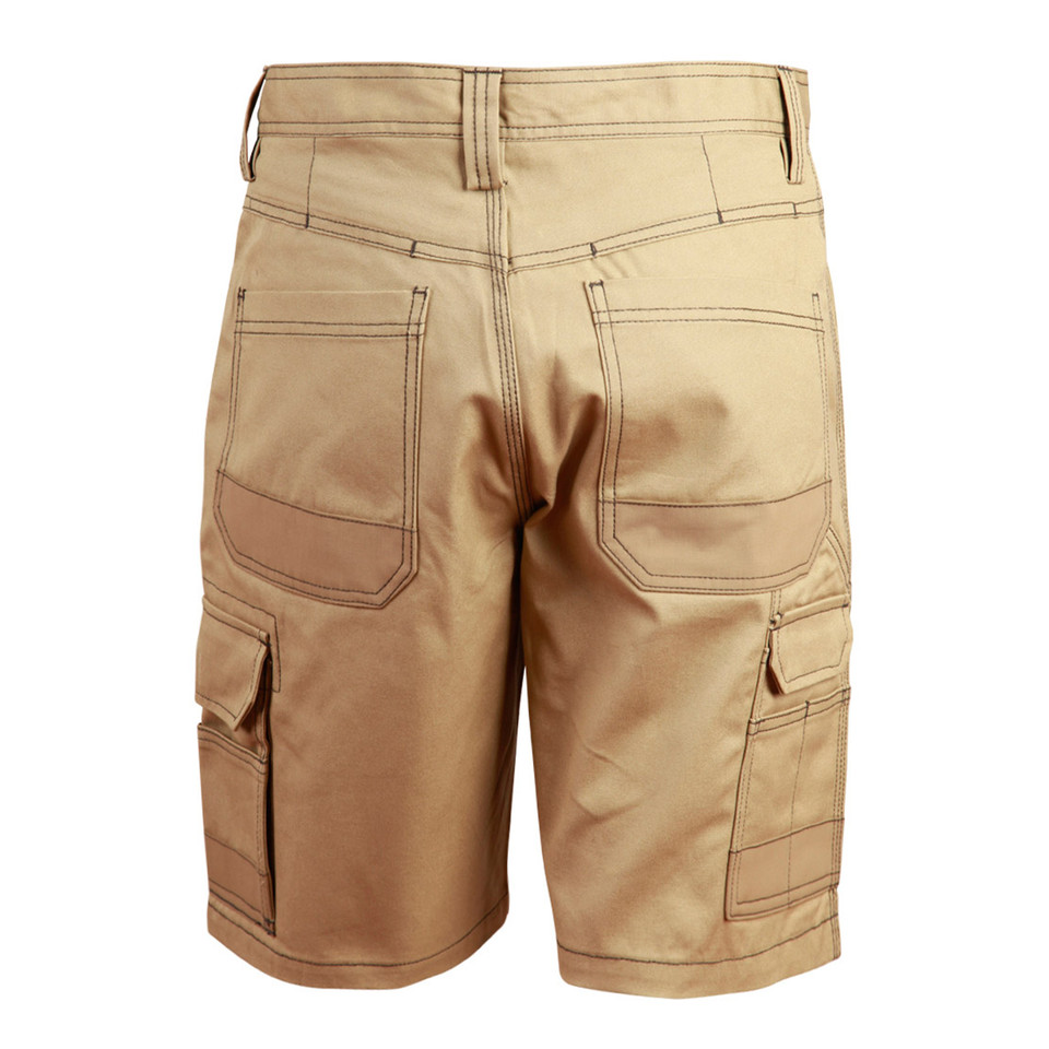 Sand cargo work shorts rear view showing multi-pocket layout, contrast stitching and Cordura reinforced panels