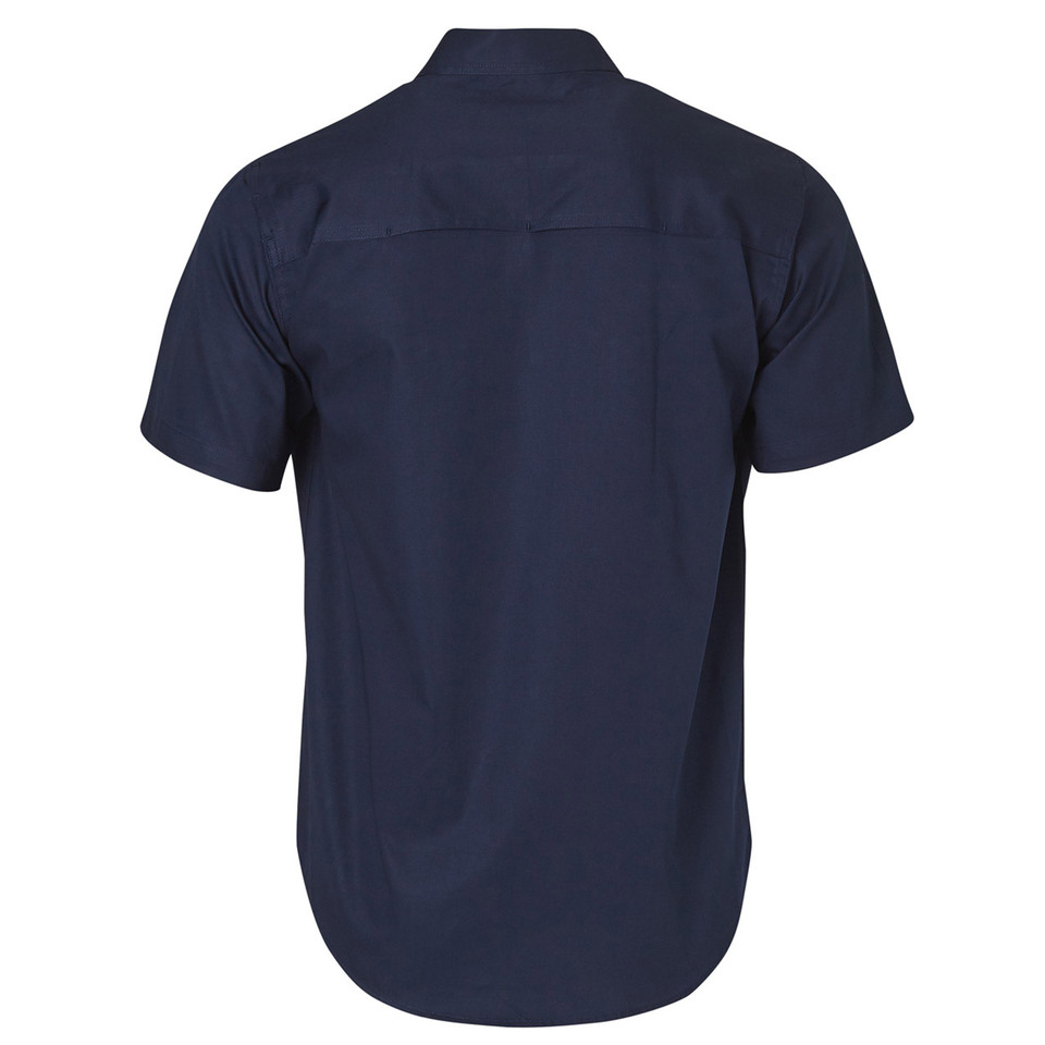 Navy work shirt back view with short sleeves, twin pleat details and structured collar