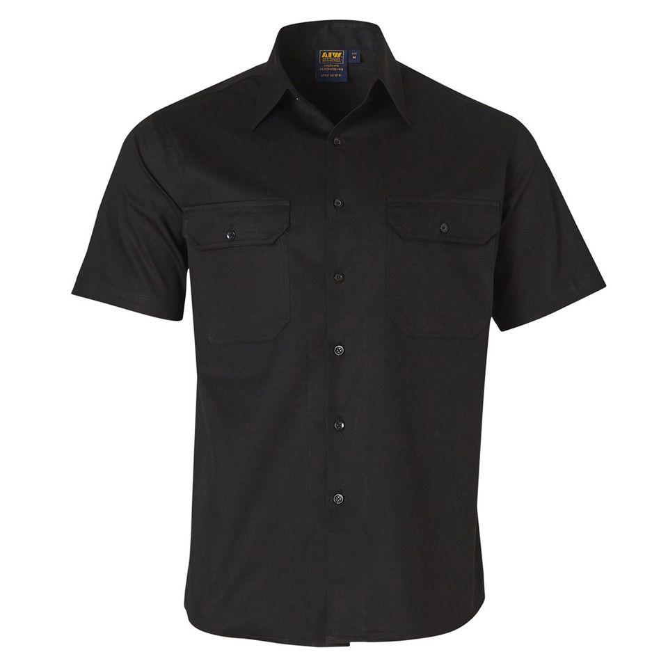 Black short sleeve work shirt with dual chest pockets and button front closure
