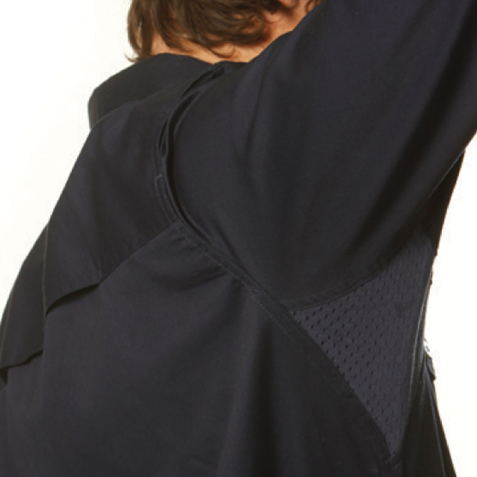 Black long sleeve work shirt with mesh ventilation panels on upper back and sides