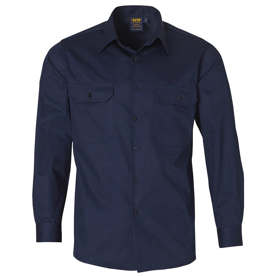 Navy long sleeve work shirt with twin chest pockets featuring button-down flaps and traditional collar