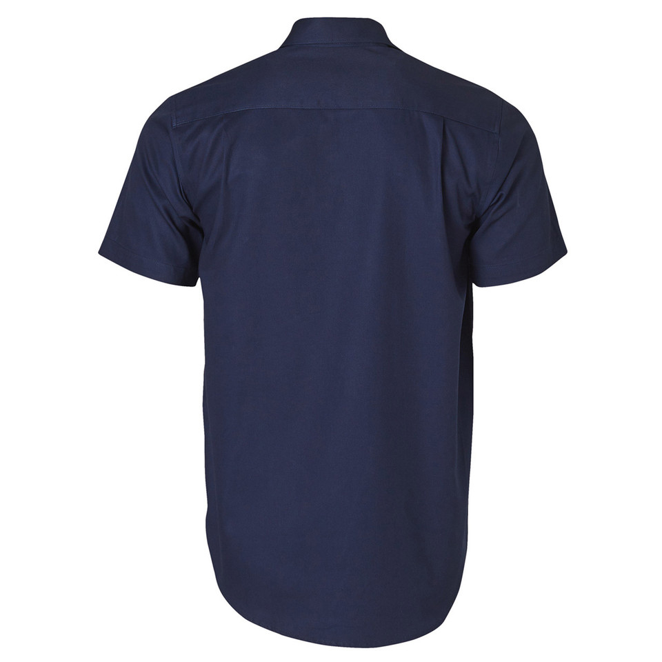 Navy blue cotton drill work shirt with short sleeves and back yoke detail, rear view