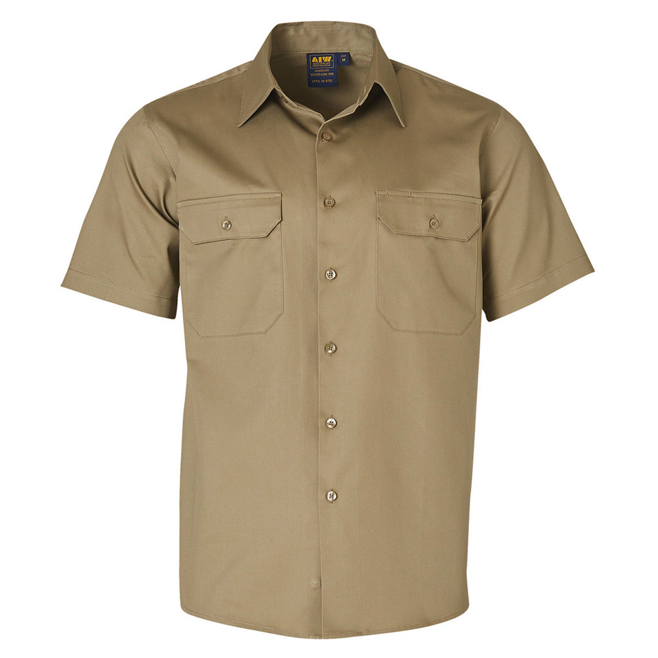 Khaki Ethan Men's Cotton Drill Short Sleeve Work Shirt, a durable, breathable top ideal for construction, industrial workwear, or trade uniforms.