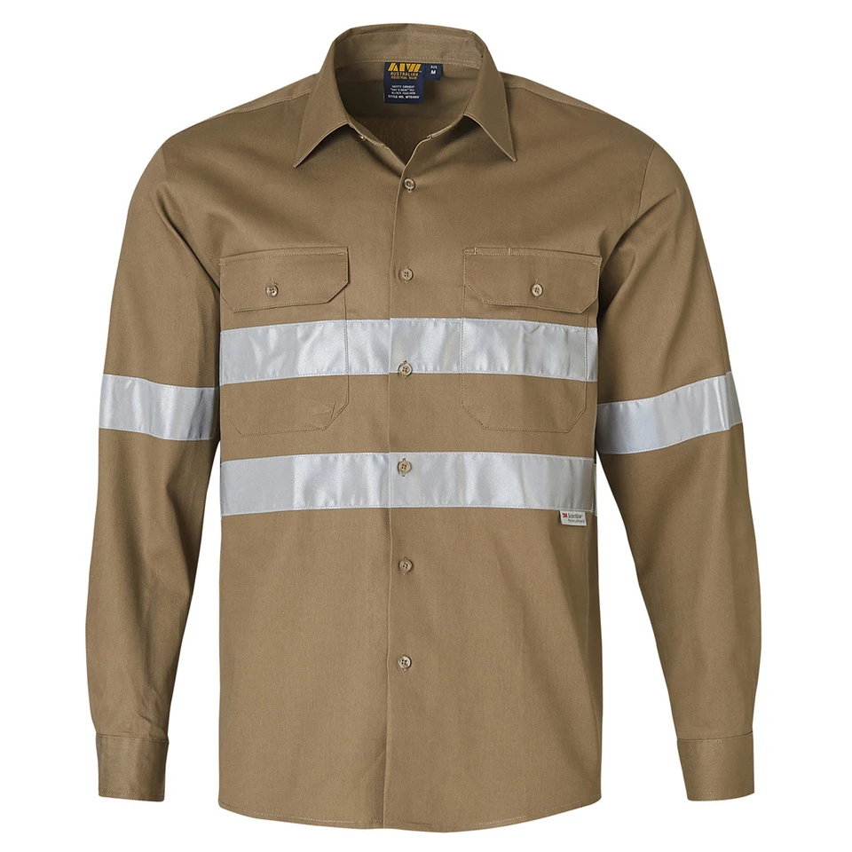 Khaki long sleeve work shirt with silver reflective tape across chest and arms, featuring dual chest pockets with flaps