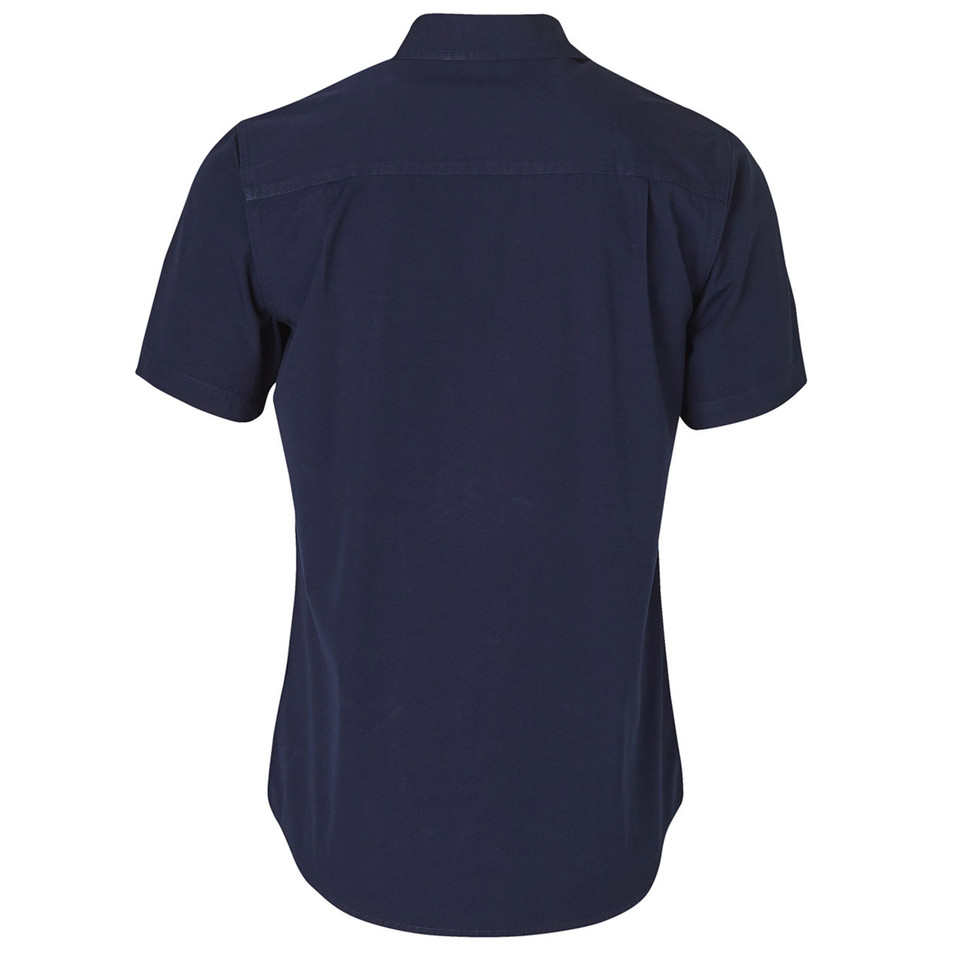 Navy blue short sleeve work shirt with collar and chest pockets, rear view showing flat back panel