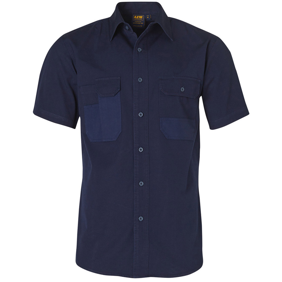 Navy | Plain Mens Duck Weave Canvas Short Sleeve Workwear Shirt