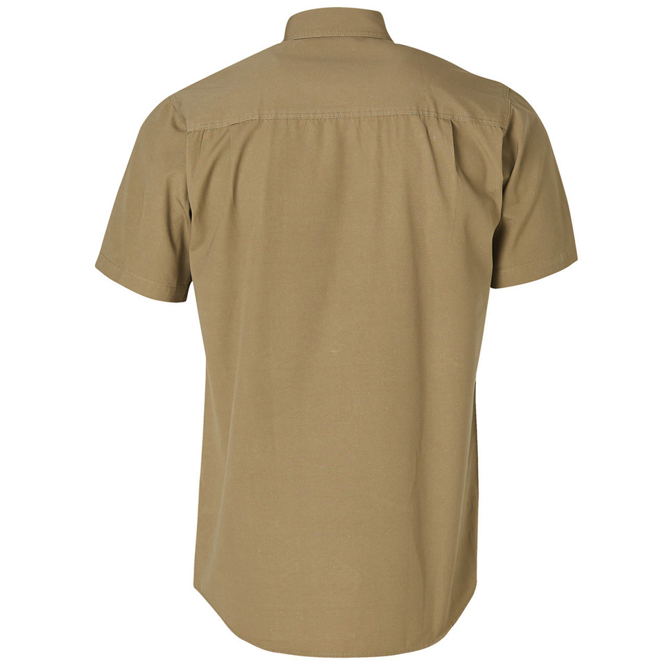 Khaki short sleeve work shirt back view showing yoke seam and structured duck weave canvas fabric