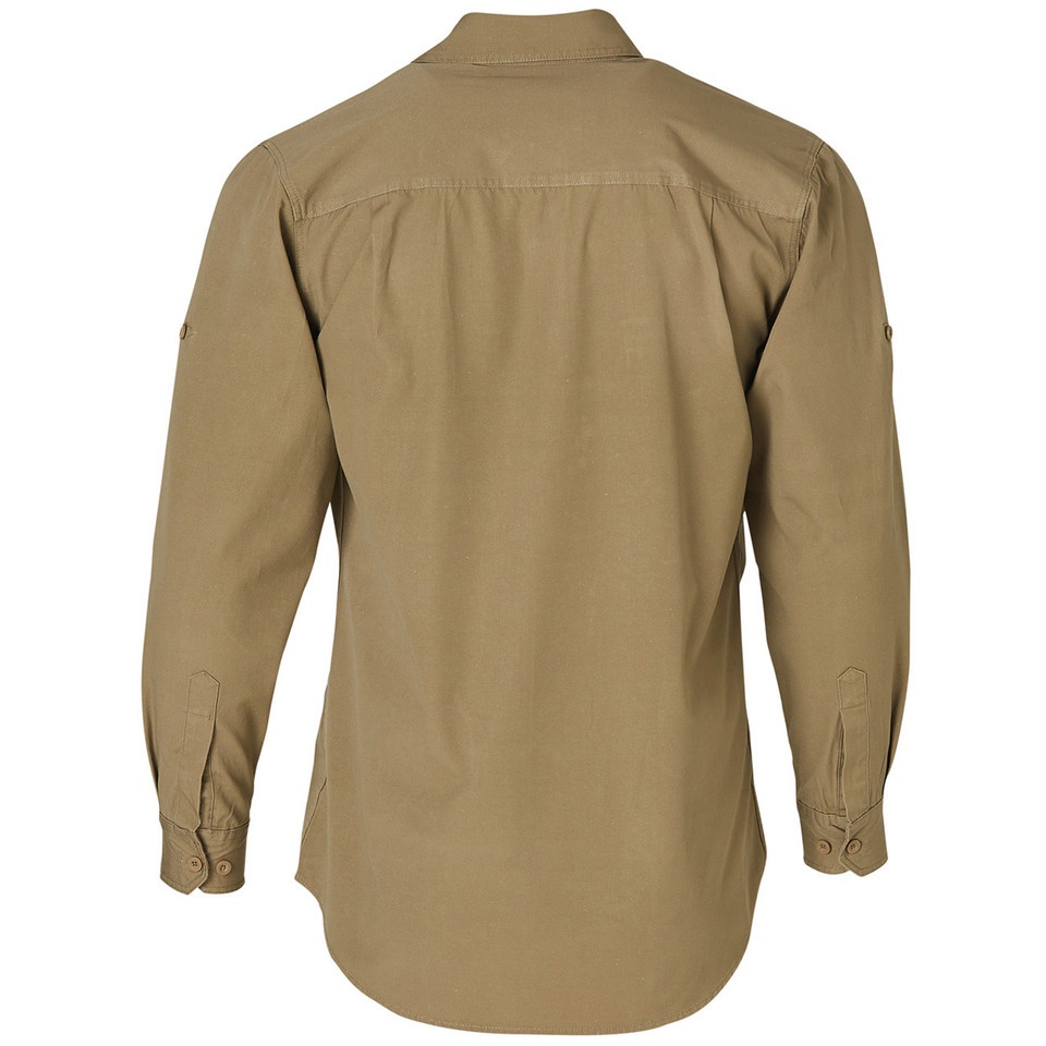 Khaki long sleeve work shirt back view showing durable canvas weave fabric and yoke detail