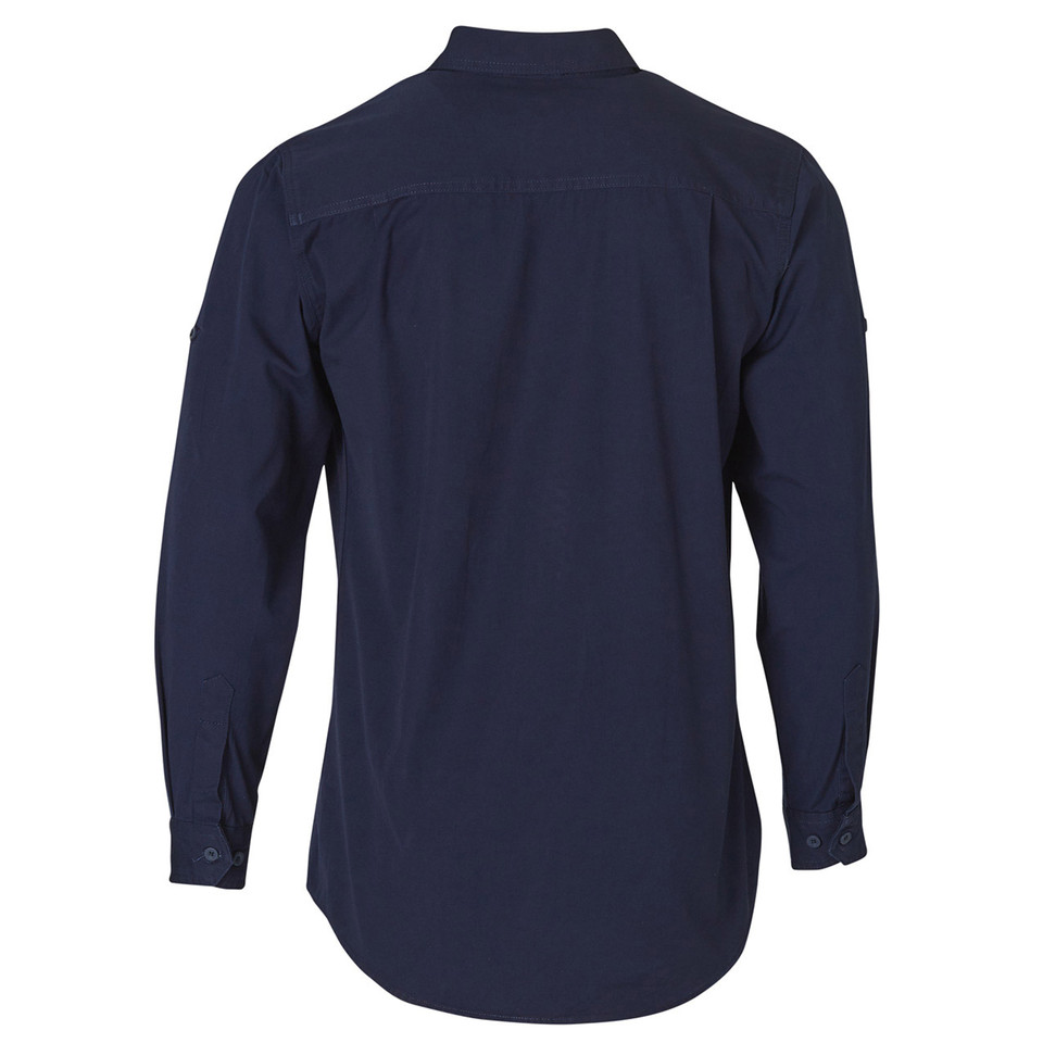 Back view of navy long sleeve work shirt with button cuffs, shoulder seam detail and curved hem