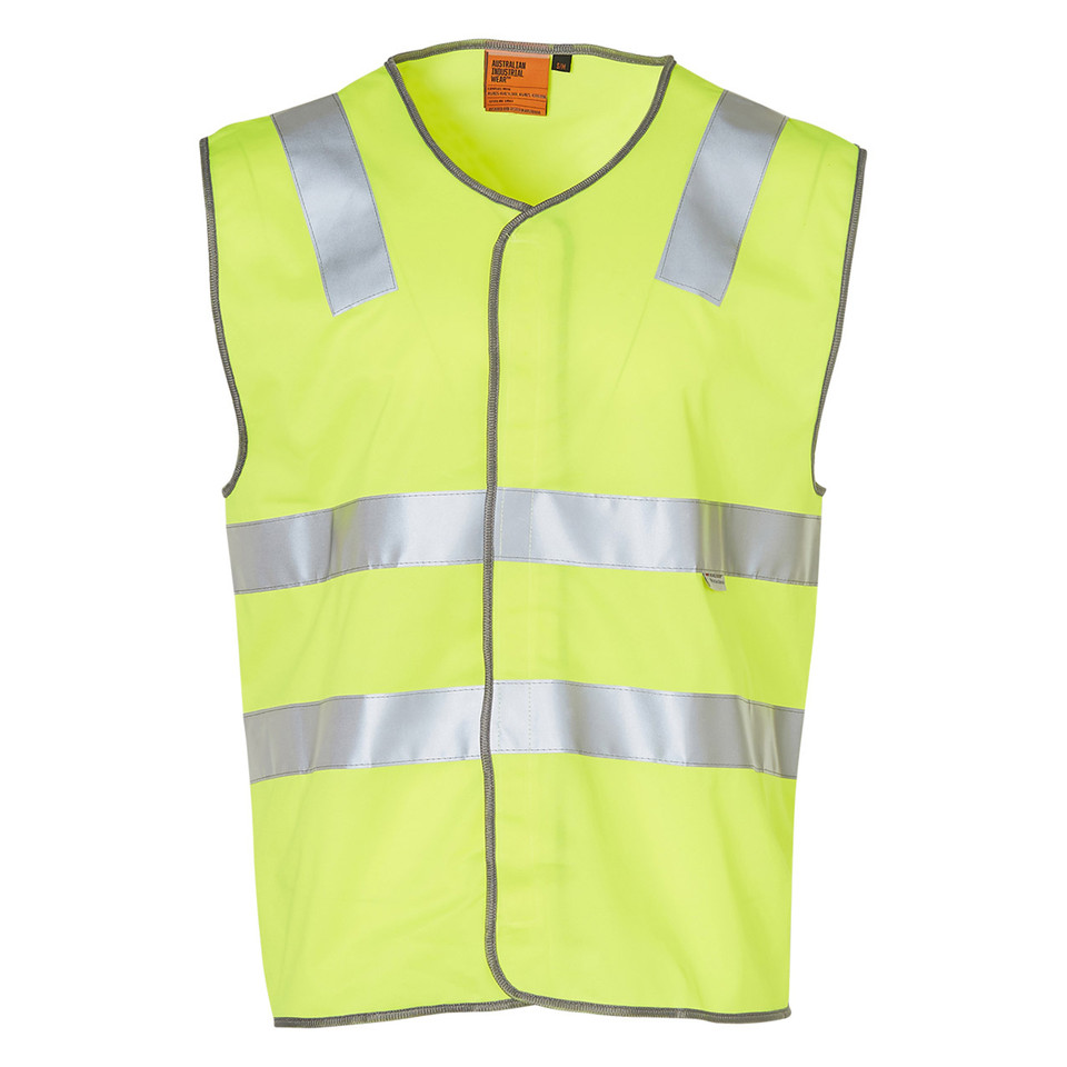 Fluoro yellow sleeveless safety vest with silver reflective shoulder and waist tapes, V-neck, front zip closure
