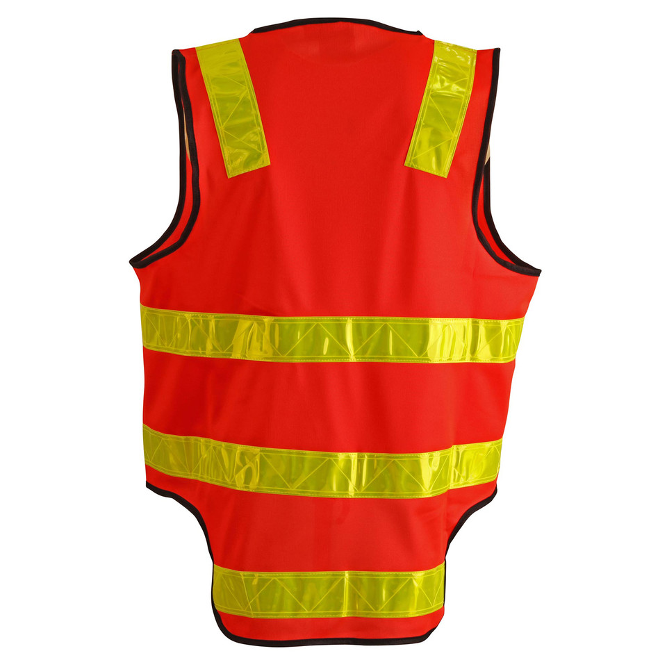 Orange-red safety vest with fluoro yellow reflective tape stripes and shoulder panels, black binding trim