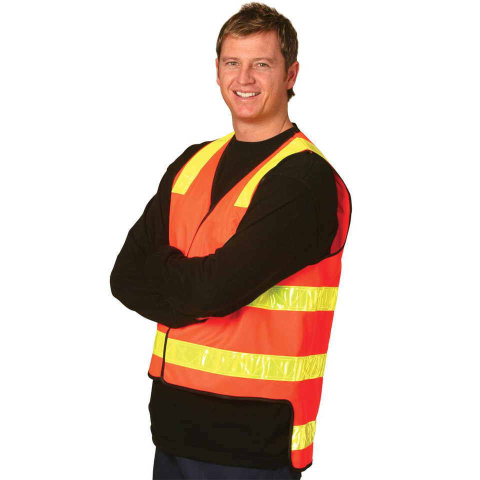 Man wearing fluorescent orange safety vest with yellow reflective tape bands, V-neck style, arms crossed