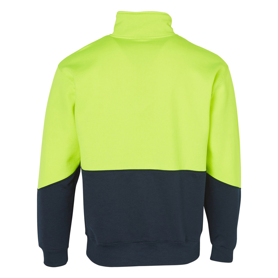 Back view of hi-vis two-tone fleece sweater in fluoro yellow and navy with ribbed cuffs and hem