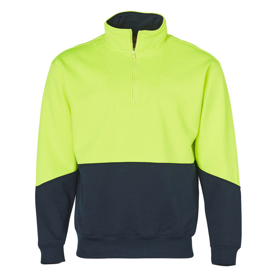 Hi-vis yellow and charcoal fleece sweater with half zip, contrast collar and colour block panels
