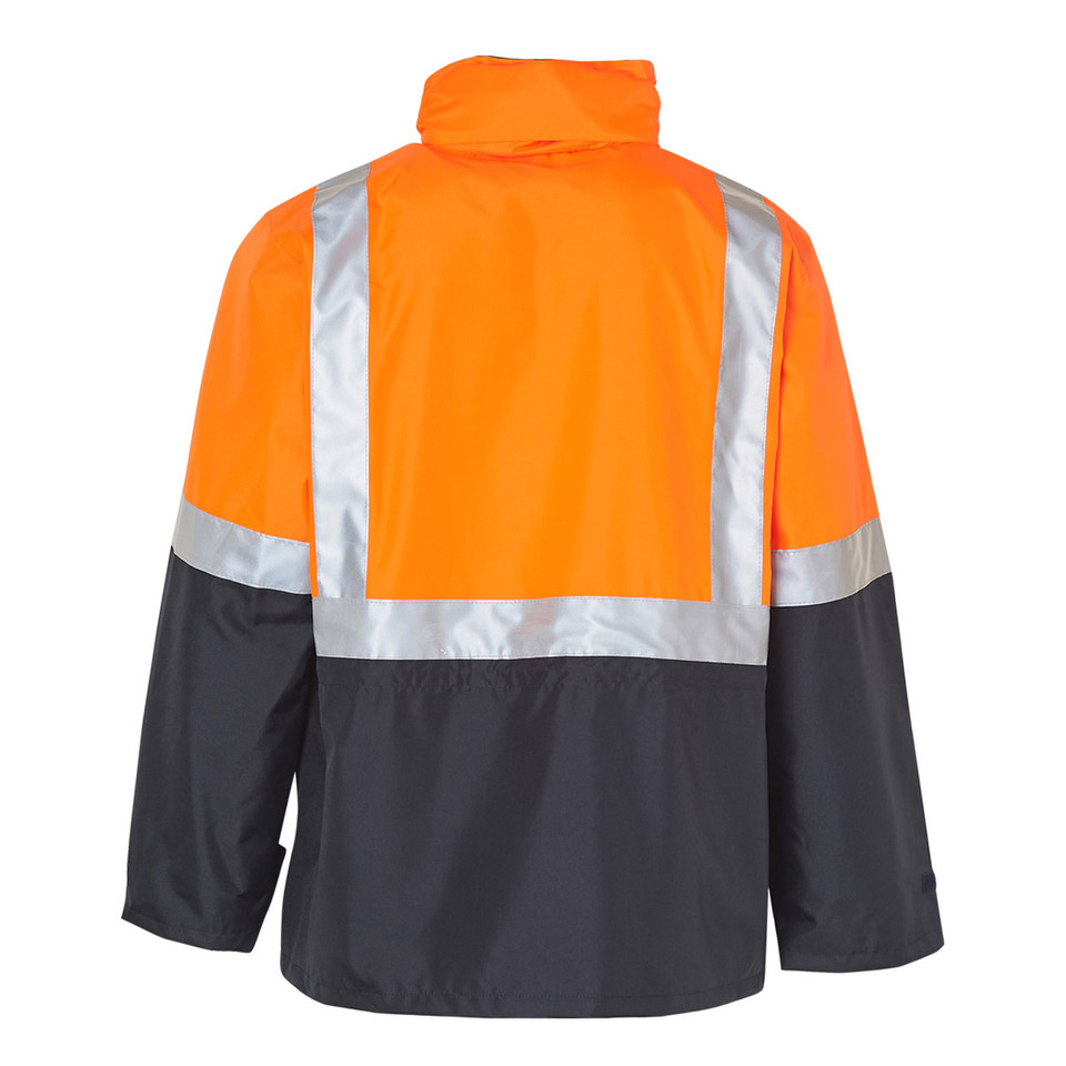 Back view of orange and charcoal two-tone hi-vis rain jacket with silver 3M reflective chest and shoulder tape