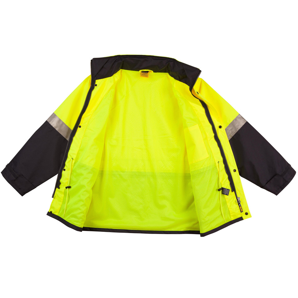 Fluorescent yellow and black hi-vis rain jacket laid open showing interior lining, reflective 3M tape strips and zip pockets