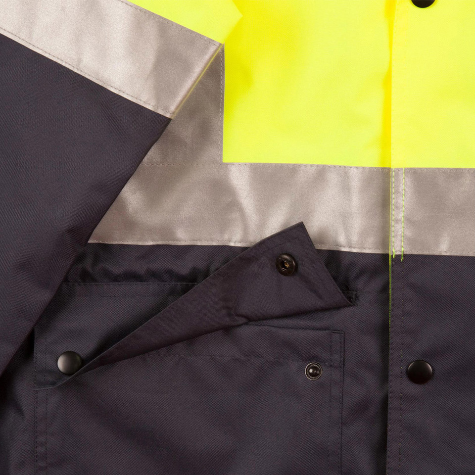 Navy hi-vis rain jacket with fluorescent yellow panels and silver reflective tape featuring snap button closure