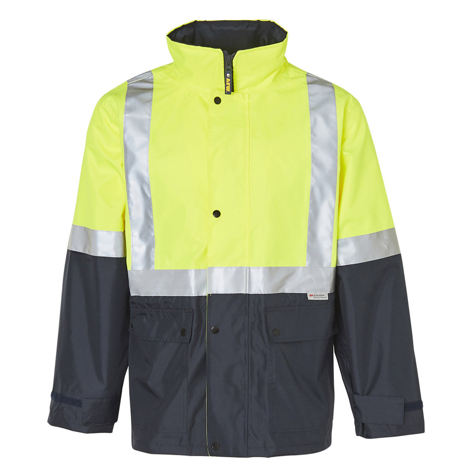 Hi-vis yellow and navy two-tone rain jacket with silver 3M reflective chest and shoulder tape, zip and snap button placket