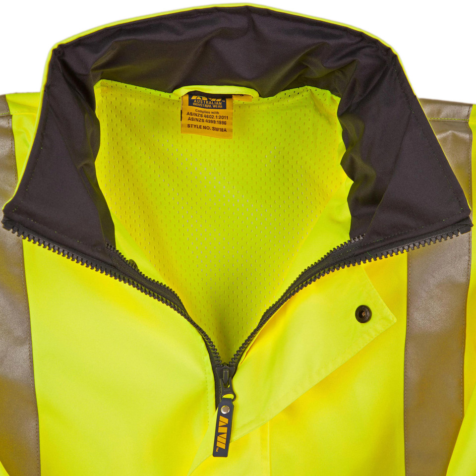 Hi-vis yellow rain jacket close-up showing dark navy zip, mesh lining, and contrast charcoal shoulder panel