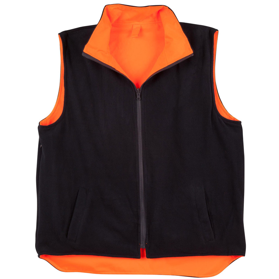 Black fleece vest with hi-vis orange lining, collar and trim, featuring full-length zipper and front pockets