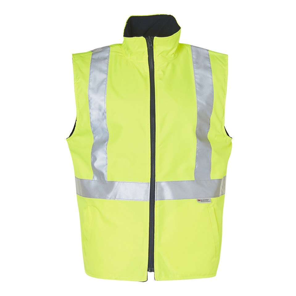 Hi-vis yellow reversible vest with silver 3M reflective tape, full-length zip and dark navy reverse, packshot