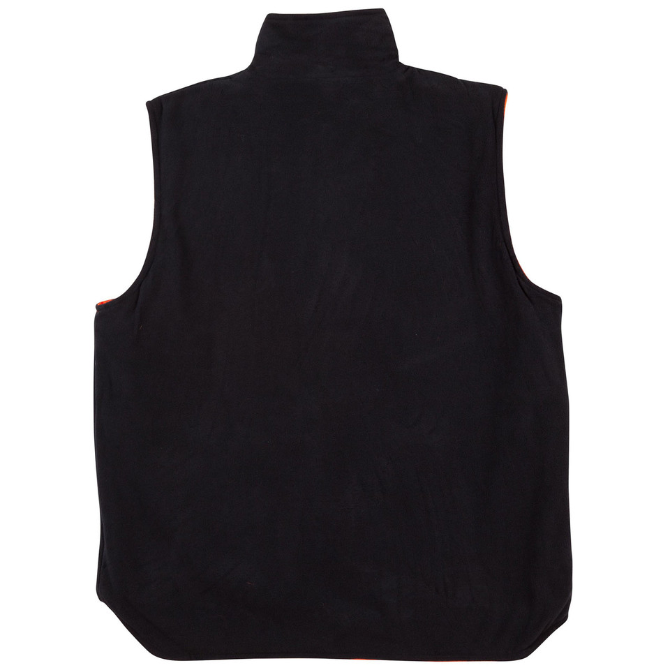 Back view of black fleece reversible vest with mock neck collar and orange contrast side panels