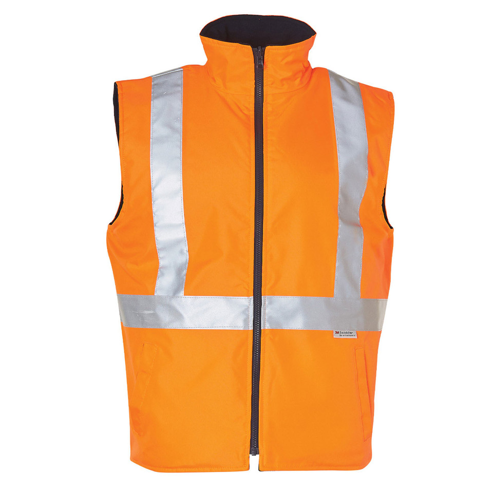 Hi-vis orange reversible safety vest with charcoal reverse, full-length zip and silver 3M reflective cross-chest and waist tapes
