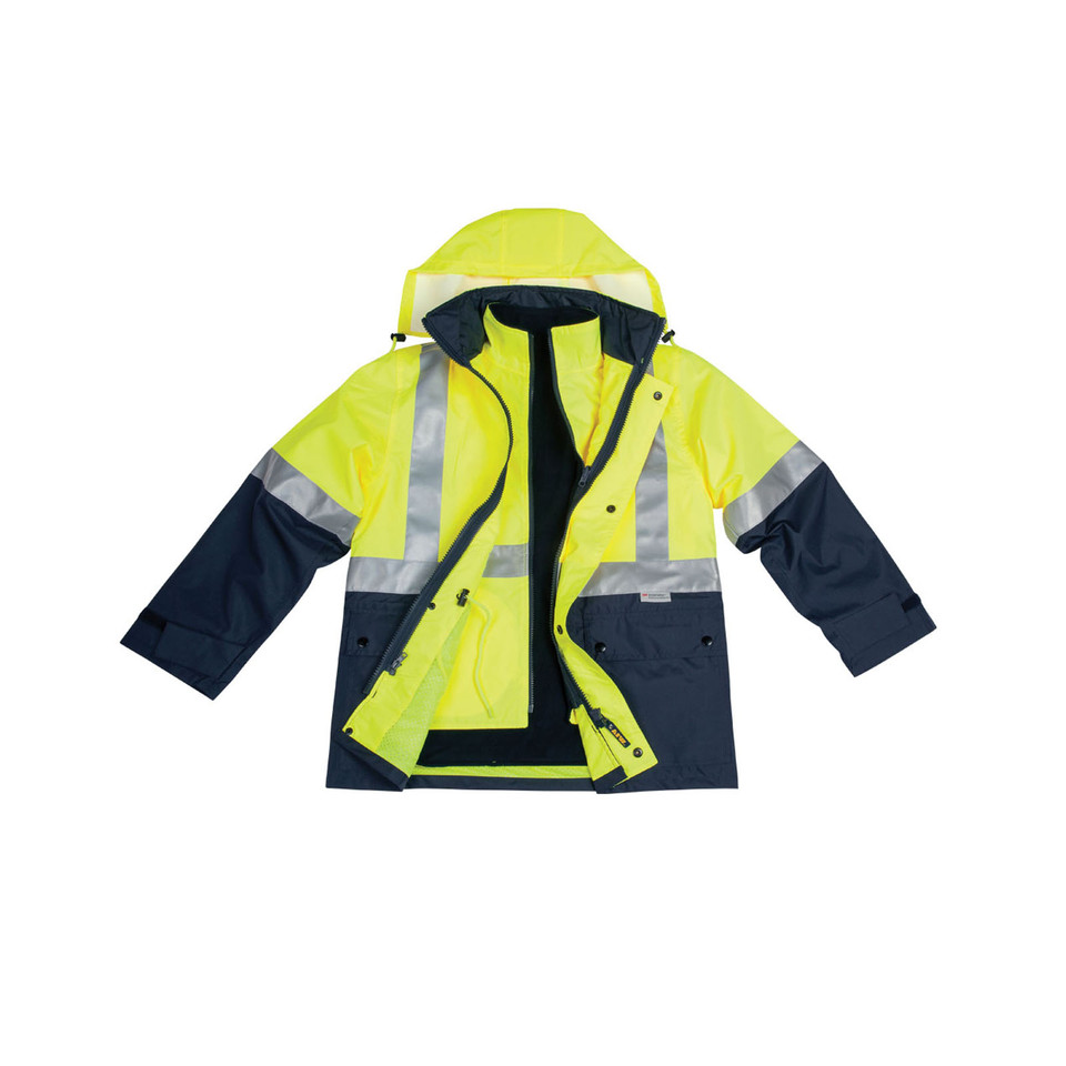 Hi-vis yellow and navy reversible safety jacket with reflective 3M tape and detachable hood shown open