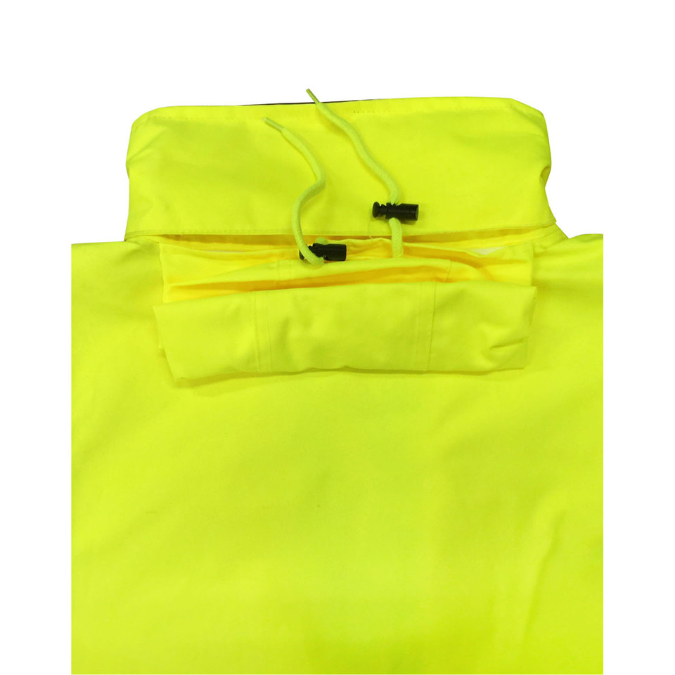 Fluorescent yellow jacket packable hood detail with drawcord and zip-close storage pouch