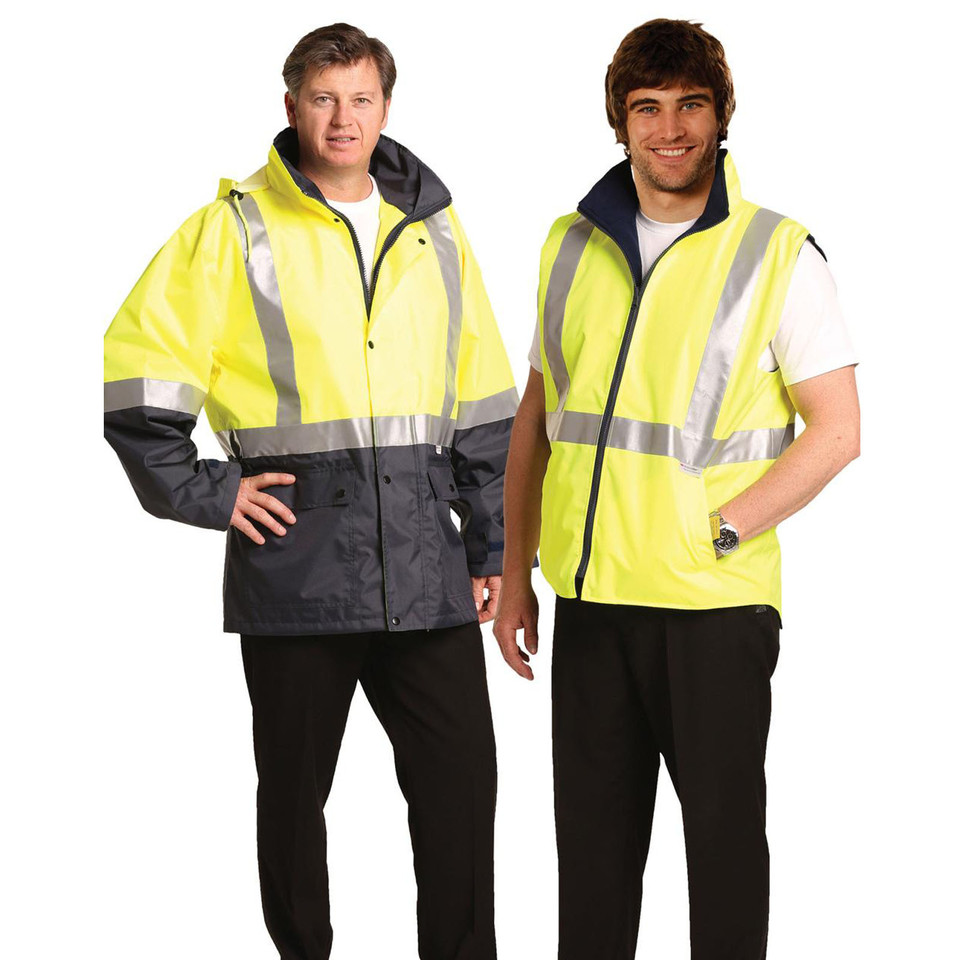 Hi-vis yellow reversible safety jacket and vest with charcoal lower panel and 3M reflective tape