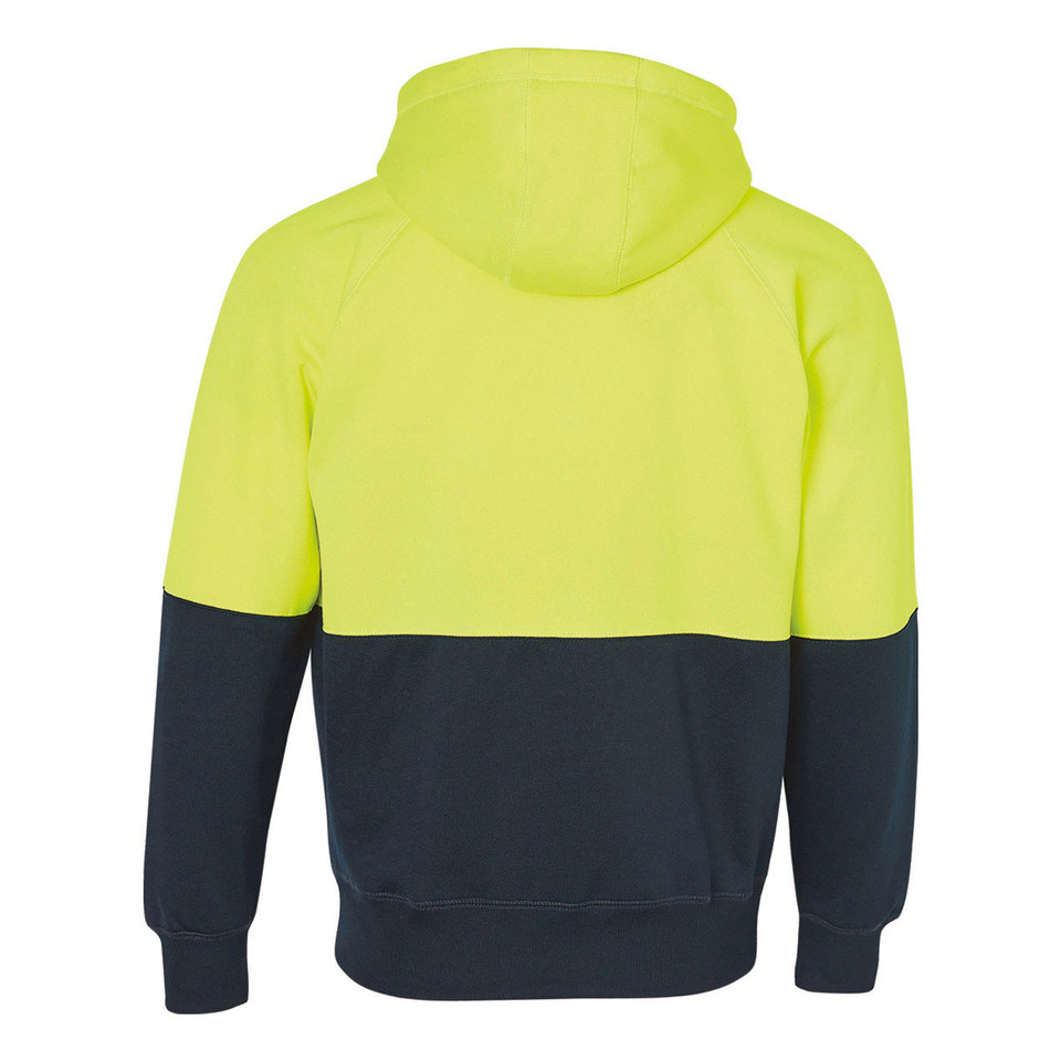 Back view of hi-vis yellow and charcoal two-tone hoodie with hood and ribbed cuffs