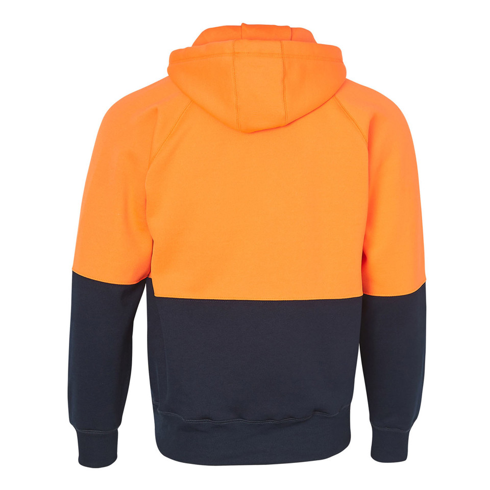 Hi-vis orange and charcoal two-tone pullover hoodie with colour-blocked design, back view