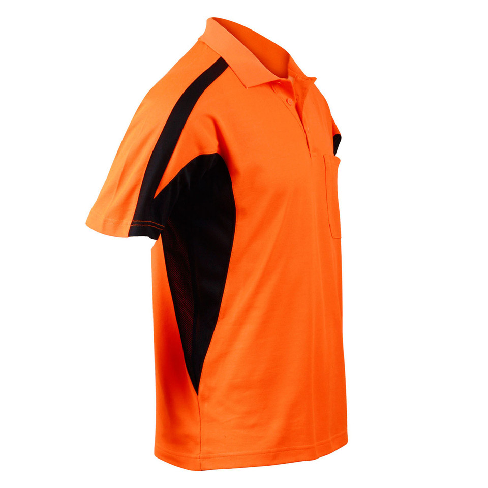 Hi-vis orange and black contrast panel polo shirt with three-button placket, short sleeves, and side mesh inserts