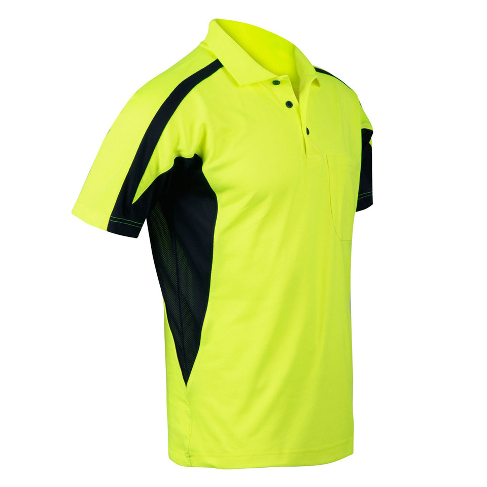 Hi-vis yellow polo shirt with black contrast side panels and mesh underarm vents