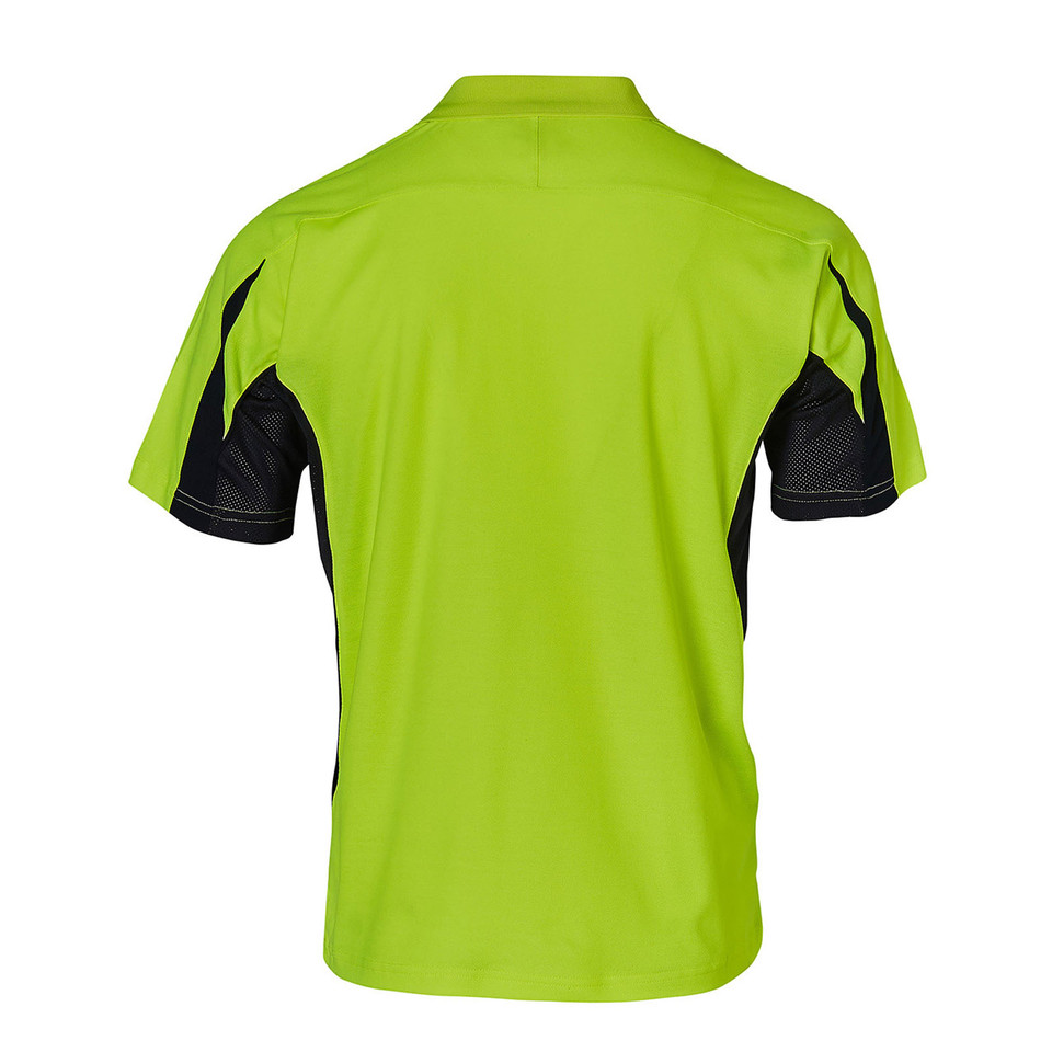 Darwin Unisex TrueDry Hi-Vis Polo Shirt with short sleeves, breathable underarm mesh panels, and reflective safety striping for compliant workwear.