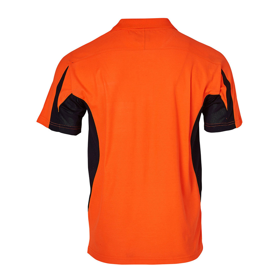 Back view of hi-vis orange and black polo shirt with contrast mesh underarm panels and orange topstitching