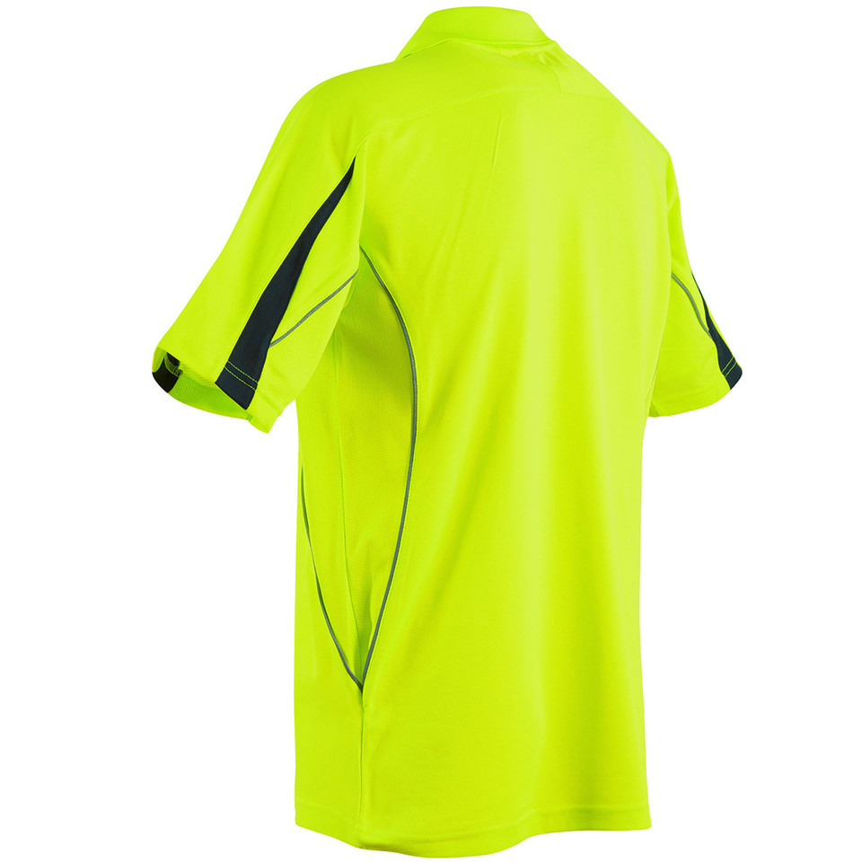 Hi-vis yellow short sleeve polo rear view with charcoal side panels and reflective piping detail