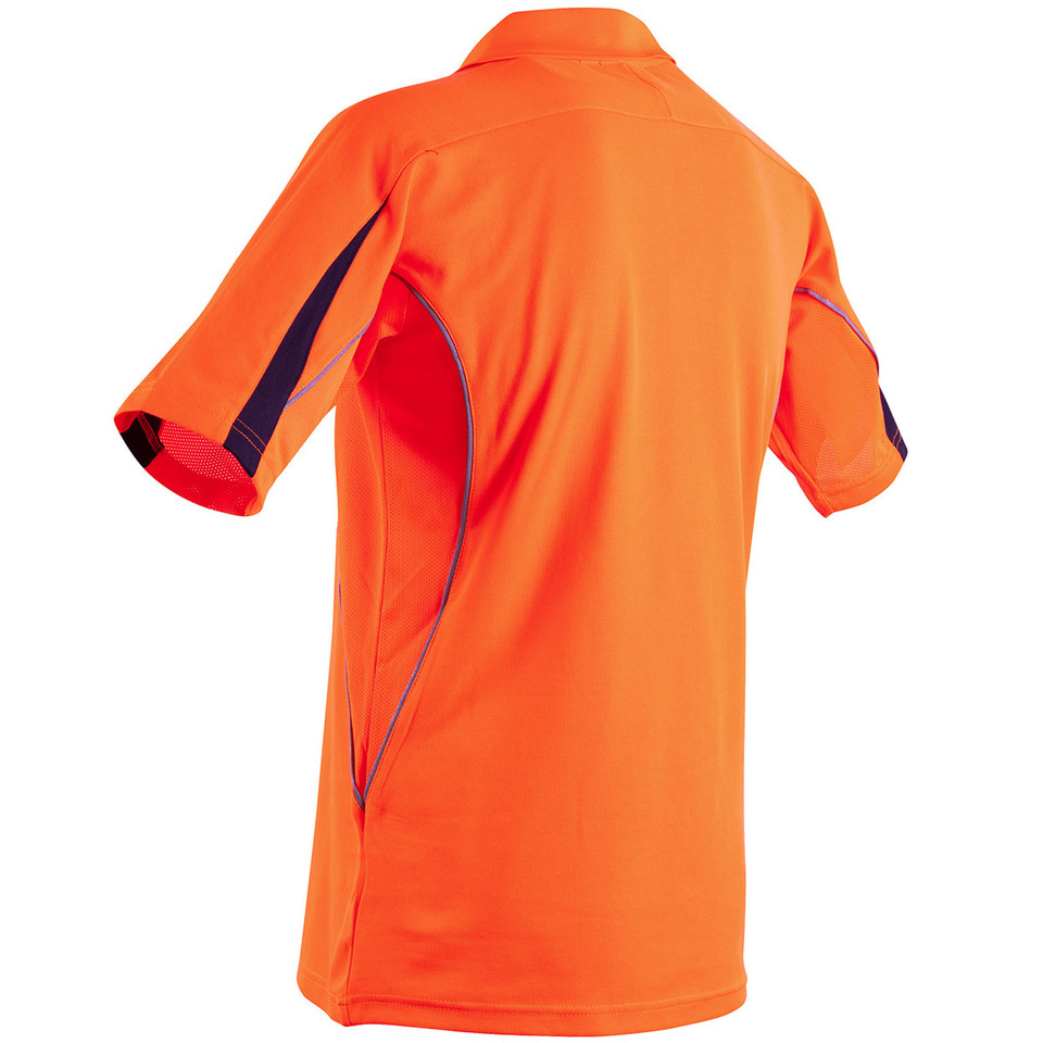 Hi-vis orange polo rear view with navy side panels and reflective piping detail, short sleeve