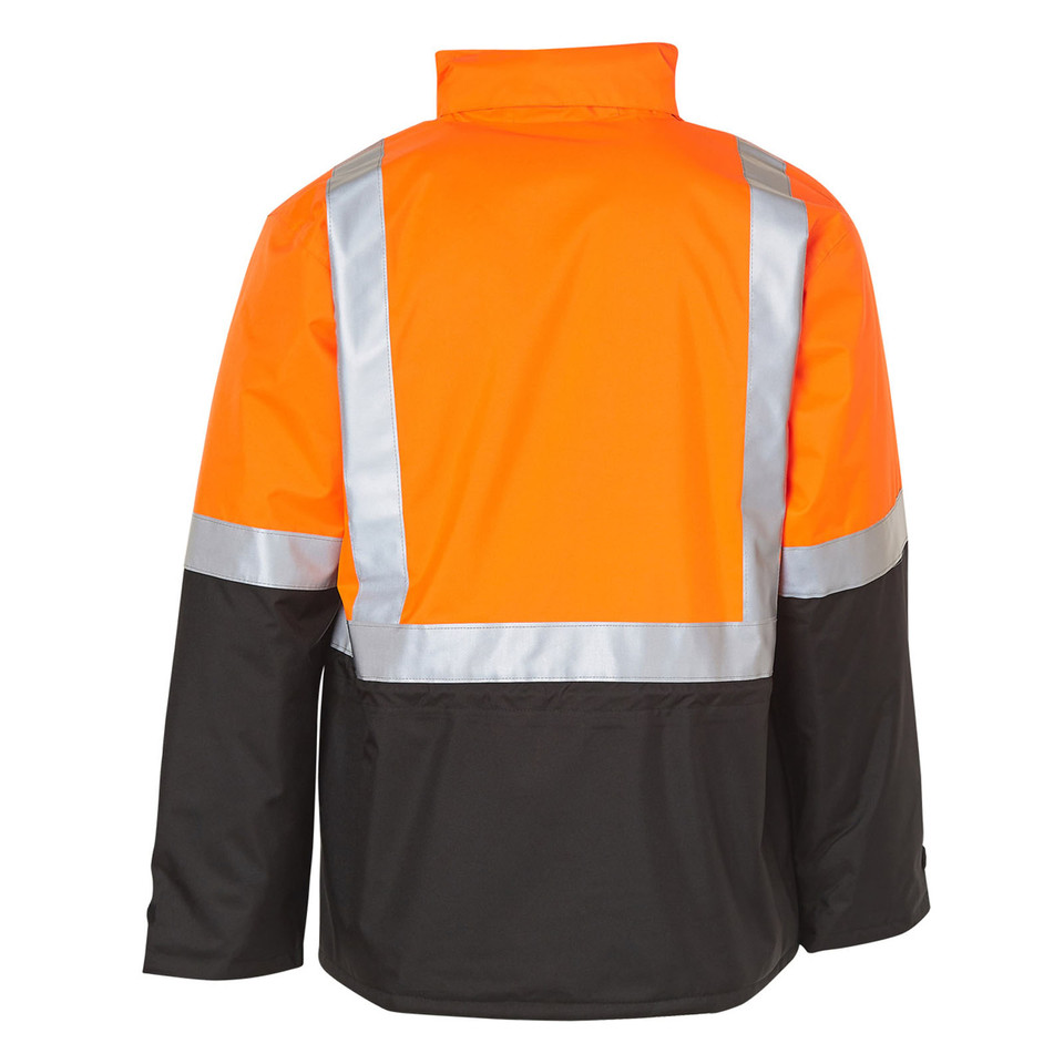 Fluorescent orange and charcoal jacket with silver reflective H-pattern tape and high collar